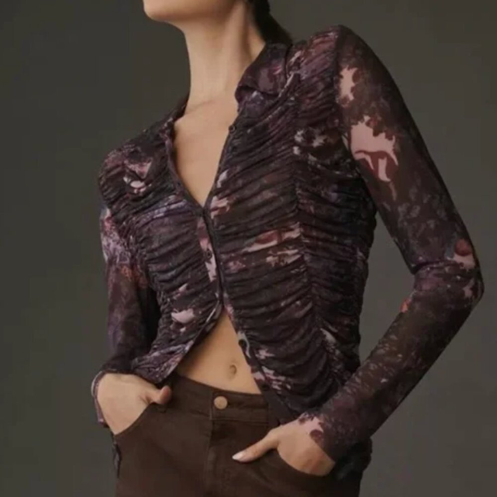 Pilcro Ruched Purple Mesh Top Size S